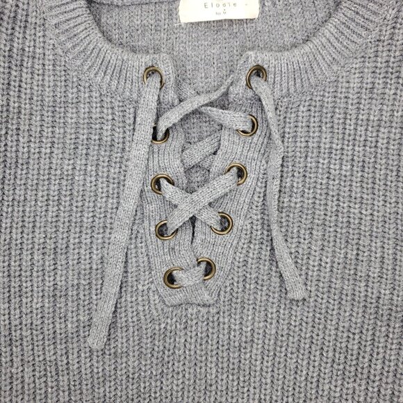 Elodie Knit Sweater Womens Medium Gray Drawstring Pullover Henley V-neck - Picture 2 of 8